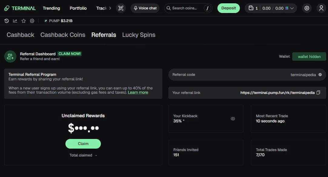 Terminal's Referrals tab on 6 September 2026, showing referral code terminalpedia verified, a 35% kickback rate, and program text offering up to 40% of referred trading fees. The wallet address and unclaimed balance are covered.